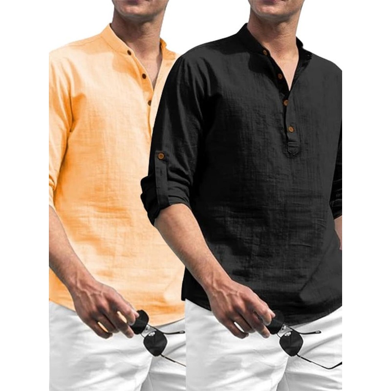 AMRIT TOP WEAR Men Pack Of 2 Mandairan Collar Roll-Up Sleeves Kurta