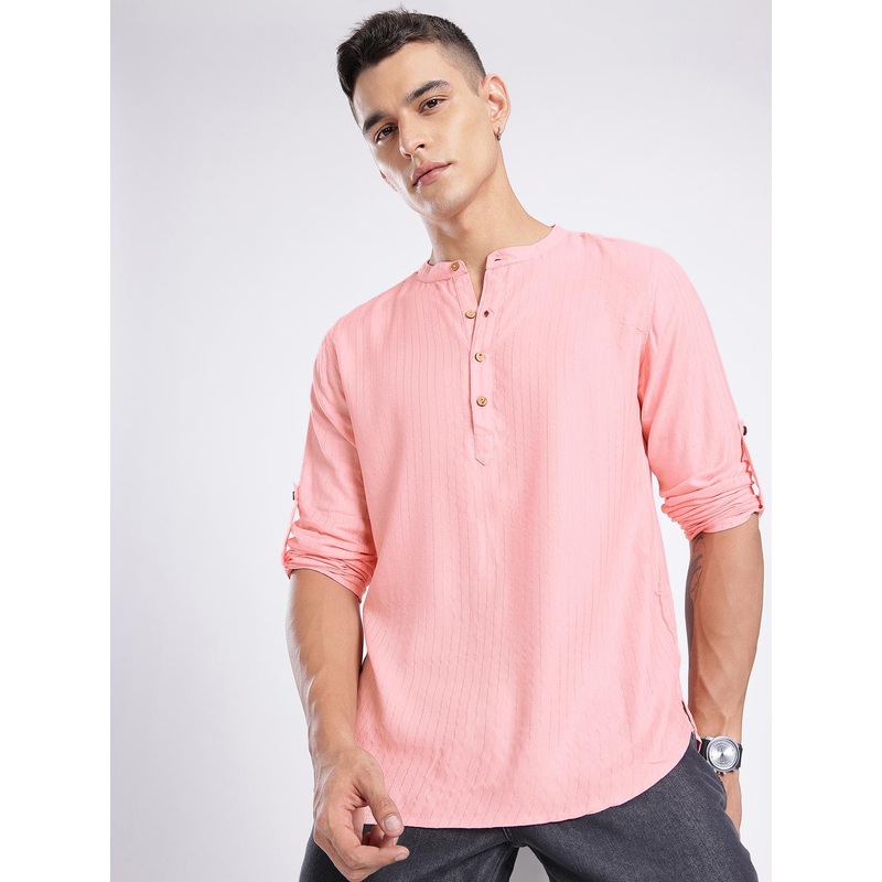 Anouk Rustic Band Collar Vertical Striped Roll-Up Sleeves Kurta