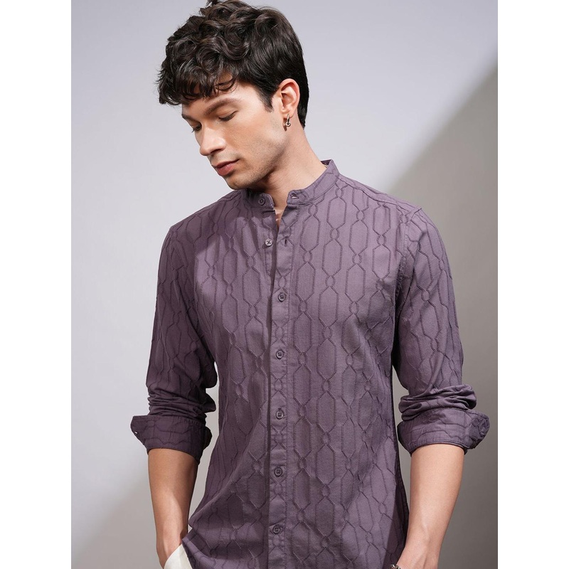 HIGHLANDER Men Band Collar Textured Cotton Casual Shirt