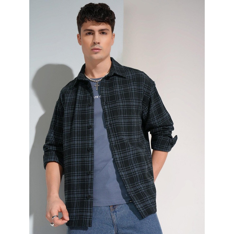 HIGHLANDER Men Textured Dobby Checked Oversized Shirt