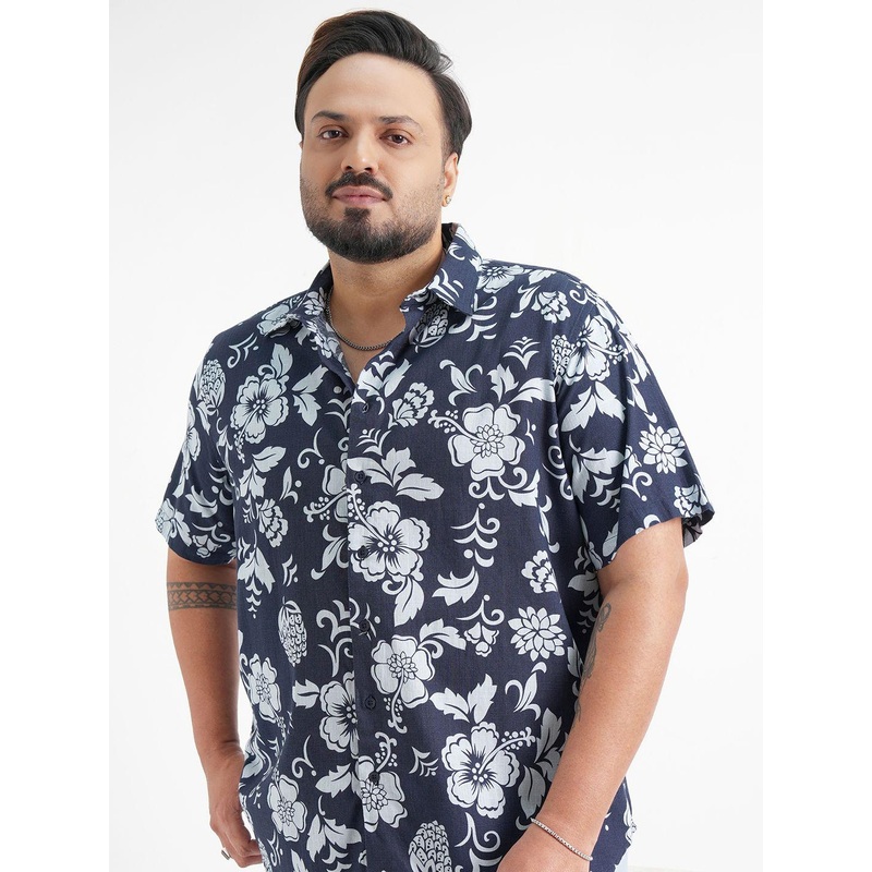 HIGHLANDER Plus Size Slim Fit Floral Printed Spread Collar Cotton Shirt