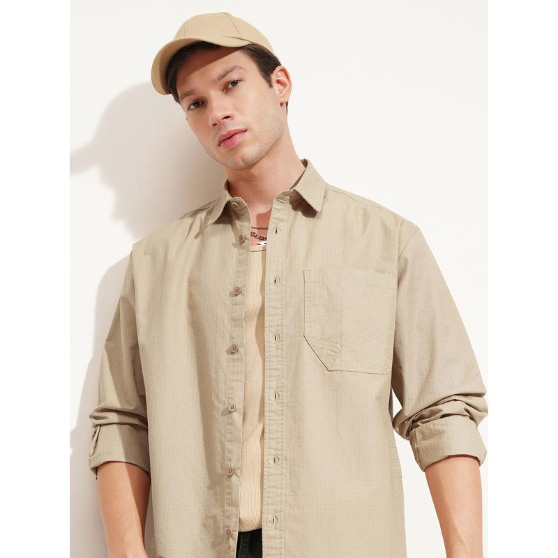 HIGHLANDER Self Design Spread Collar Long Sleeves Cotton Shirt