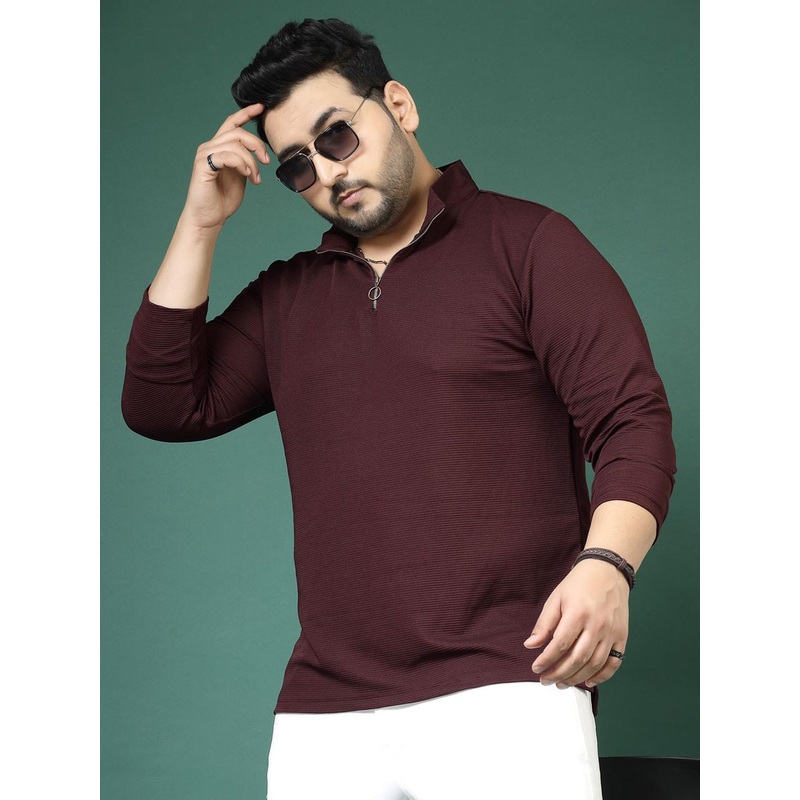 Rigo Plus Size Slim Fit Striped High Neck Long Sleeves T-shirt