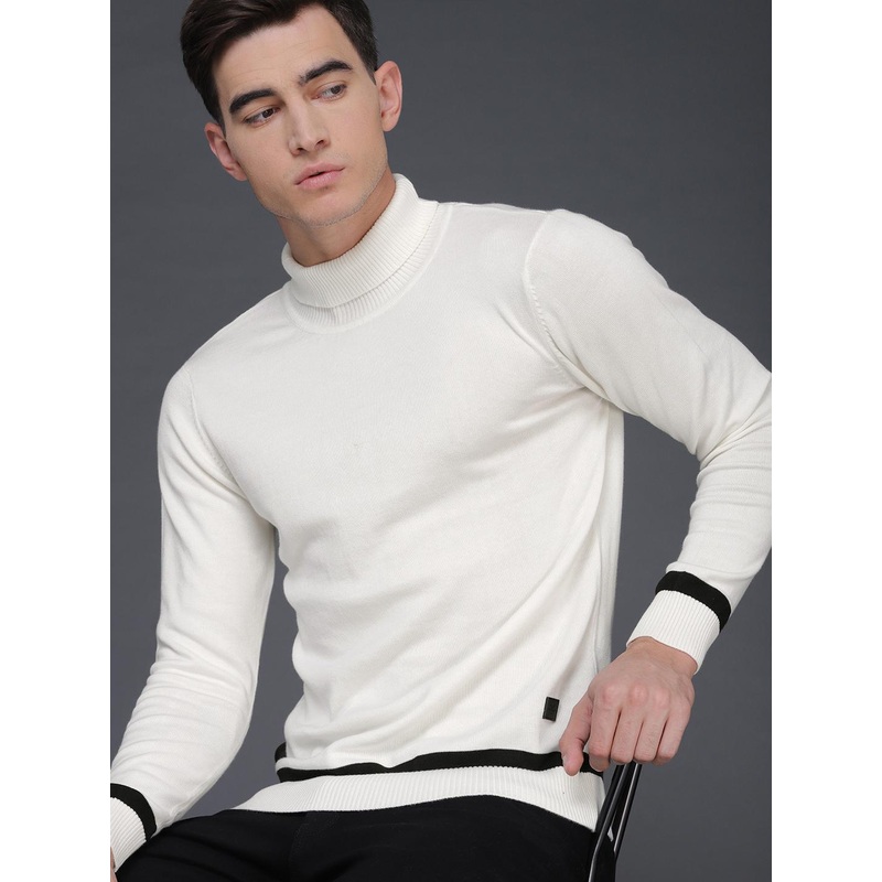 WROGN Men Off-White Solid Slim Fit Pullover Sweater