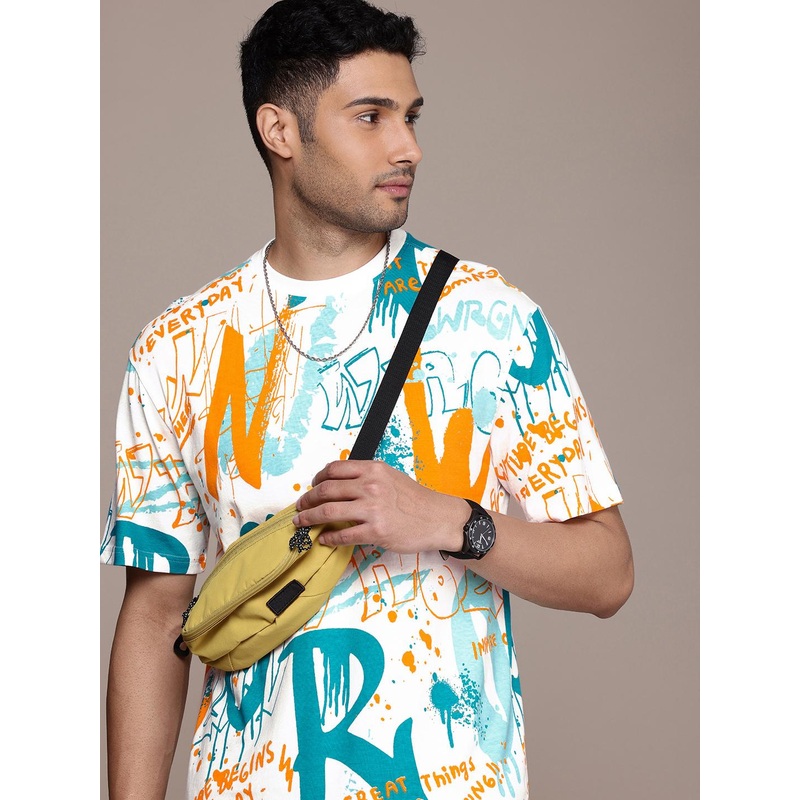 WROGN Printed Drop-Shoulder Sleeves Pure Cotton Oversized T-shirt