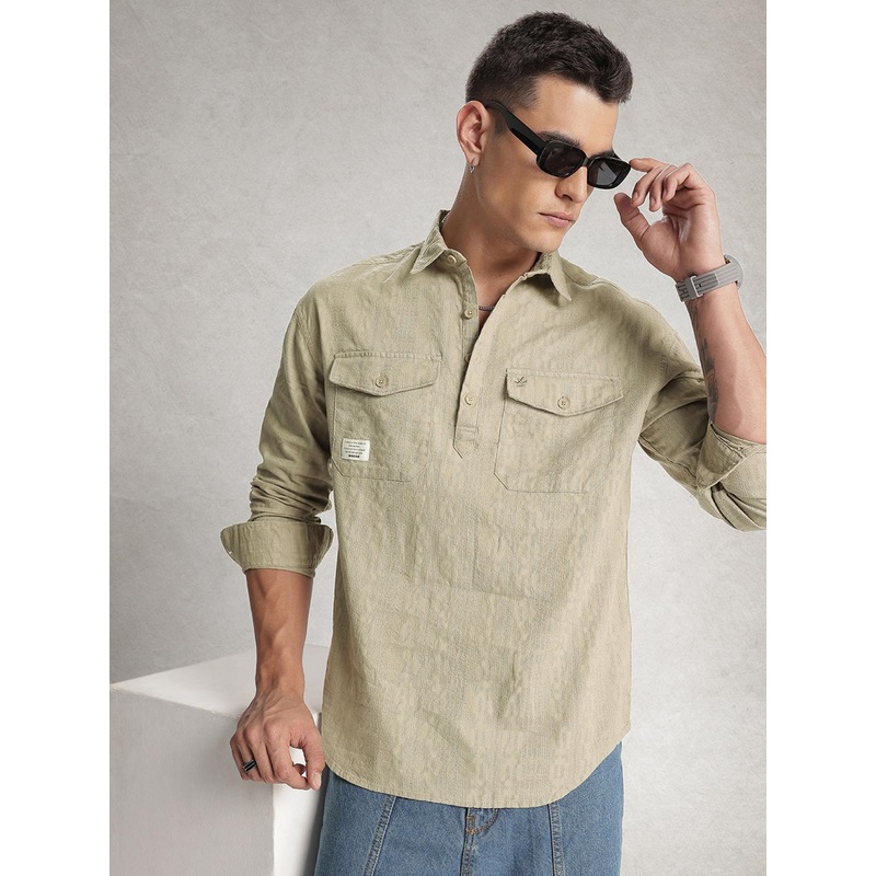 WROGN Pure Cotton Textured Drop-Shoulder Sleeves Oversized Casual Shirt