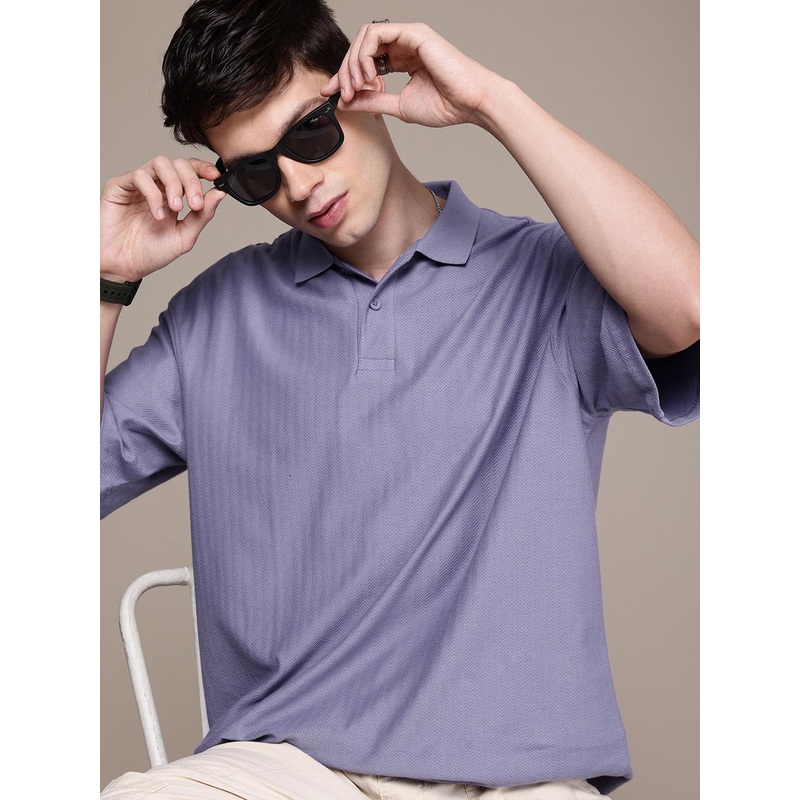 WROGN Self Design Polo Collar Drop-Shoulder Sleeves Oversized T-shirt