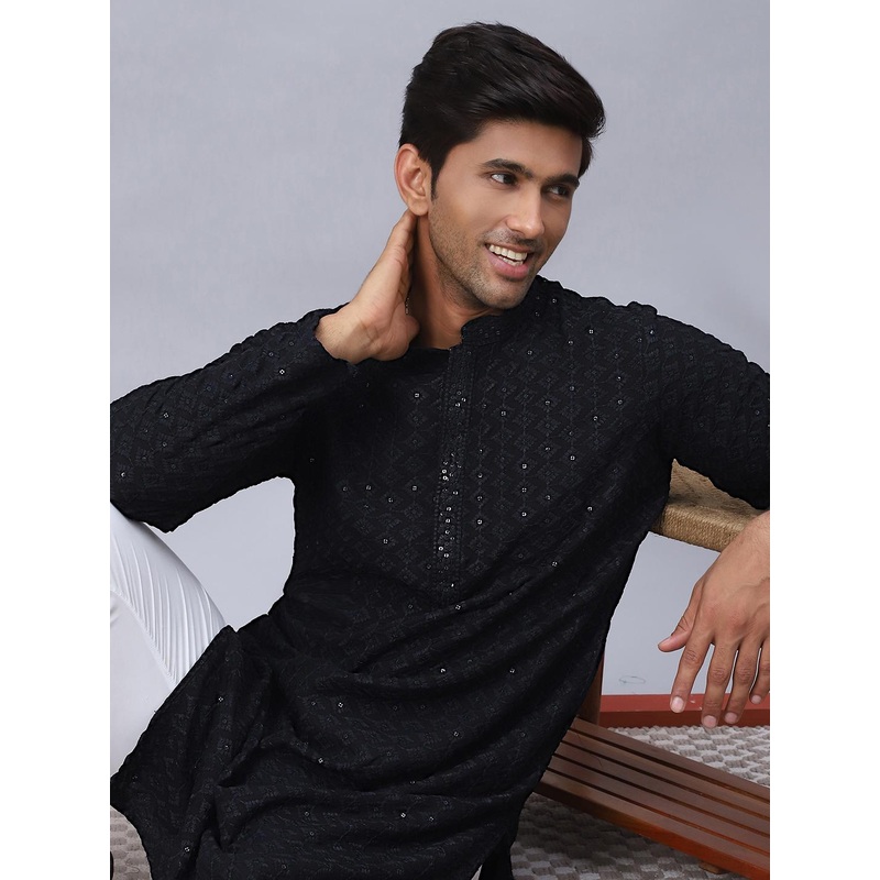 Anouk Black Embroidered Band Collar Sequinned Kurta