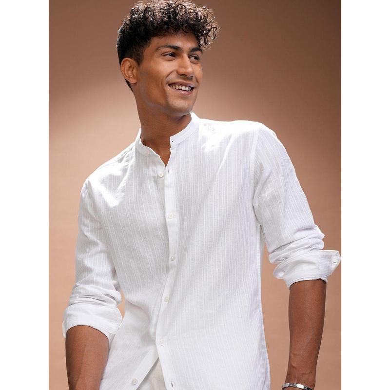 HIGHLANDER Men Comfort Relaxed Fit Band Collar Vertical Striped Cotton Casual Shirt