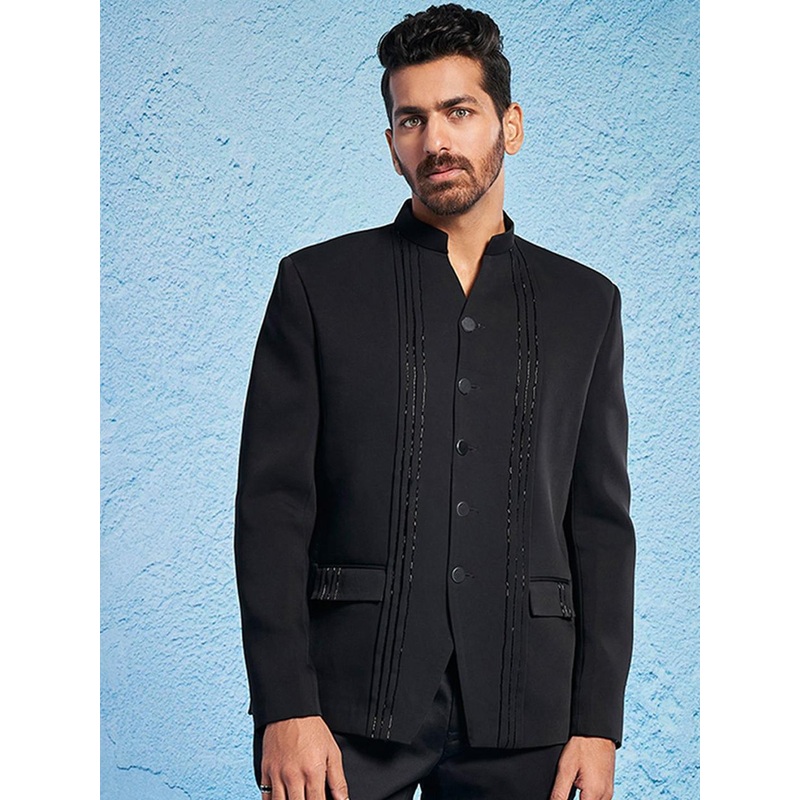 VASTRAMAY Mandarin Collar Sequinned Slim-Fit Bandhgala Blazers