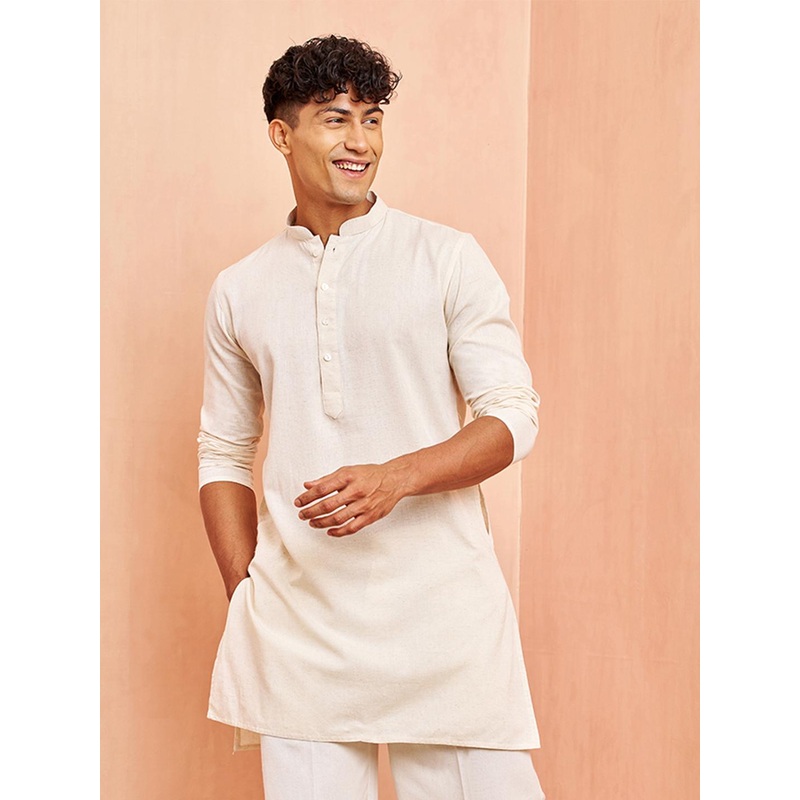 VASTRAMAY Men Cream-Coloured Thread Work Mandarin Collar  Kurta