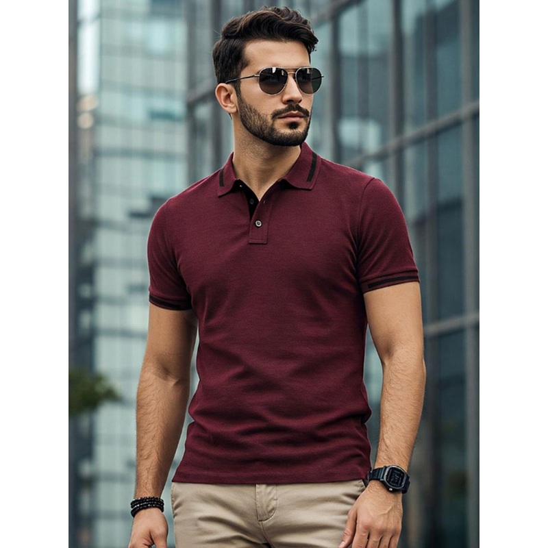 VEIRDO Men Maroon Solid Polo Collar Cotton T-shirt