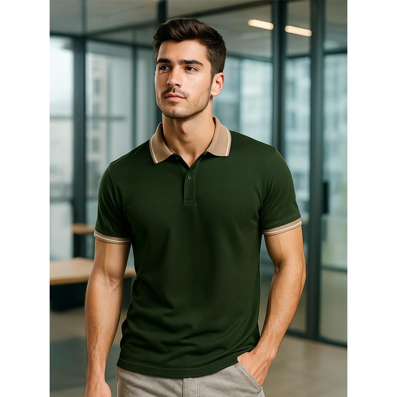 VEIRDO Men Olive Solid Regular Fit Pure Cotton Polo T-Shirt