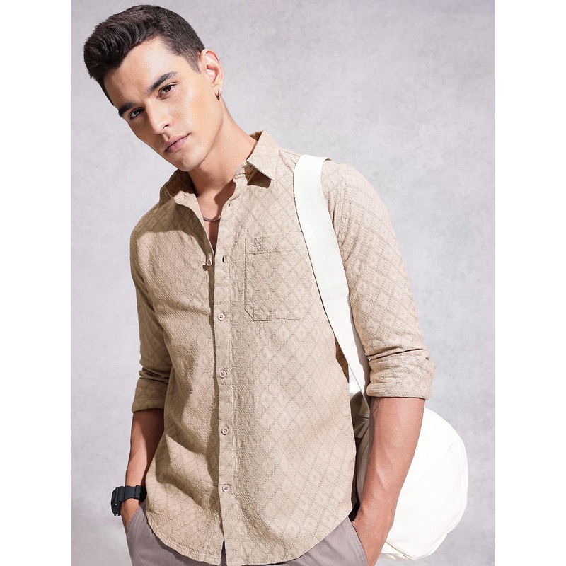 WROGN Self Design Textured Pure Cotton Casual Shirt
