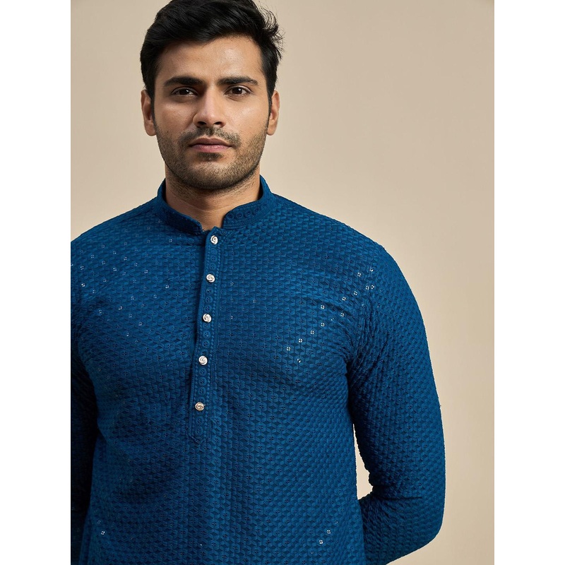 Anouk Teal Embroidered Mandarin Collar Sequins Straight Kurta
