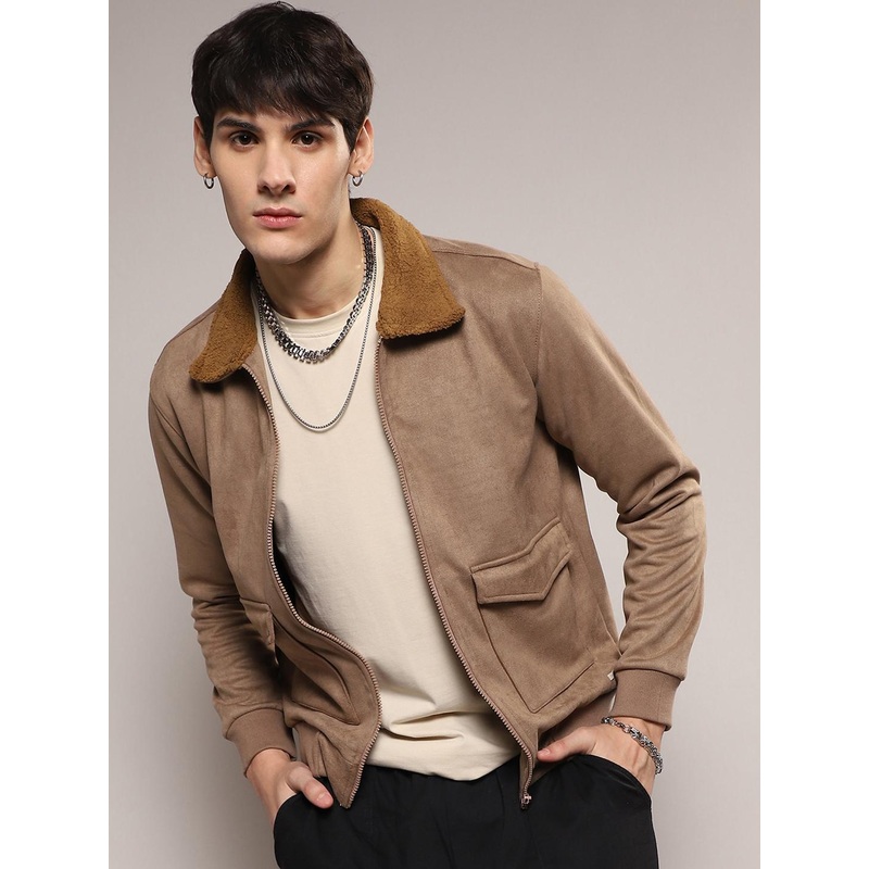 Campus Sutra Windcheater Faux Fur Trim Cotton Bomber Jacket