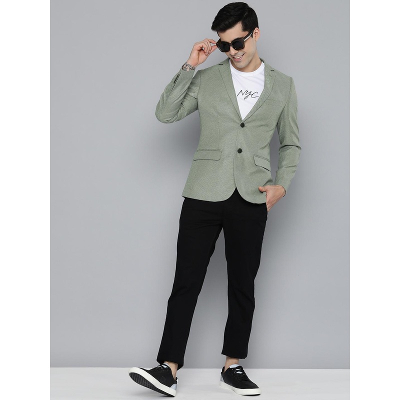 HERE&NOW Men Olive Green Self Design Textured Regular Fit Smart Casual Blazer