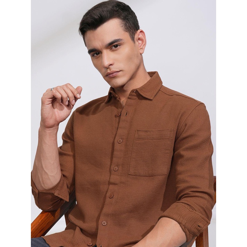 HIGHLANDER Men Dobby Textured Solid Oversized Overshirt