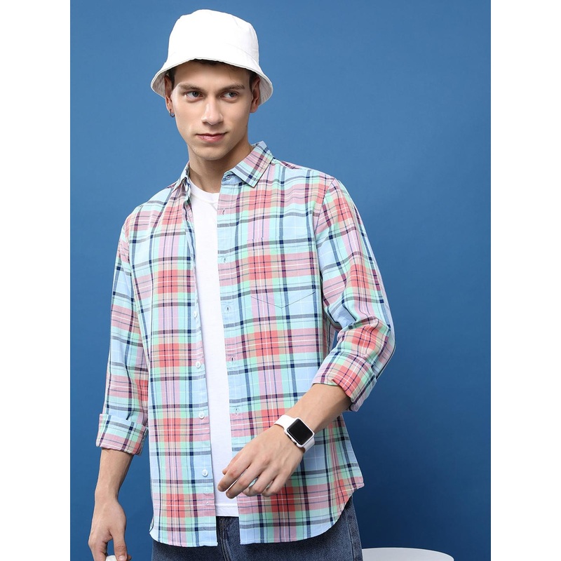 HIGHLANDER Slim Fit Tartan Checked Spread Collar Casual Shirt
