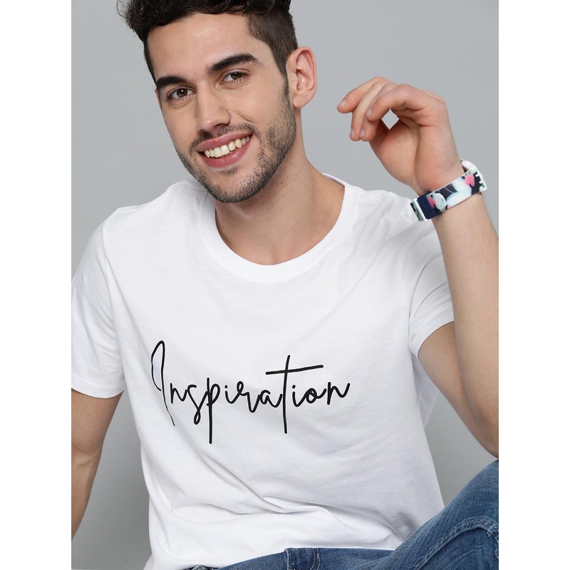 Mast  Harbour Men White  Black Printed  Round Neck Pure Cotton T-shirt