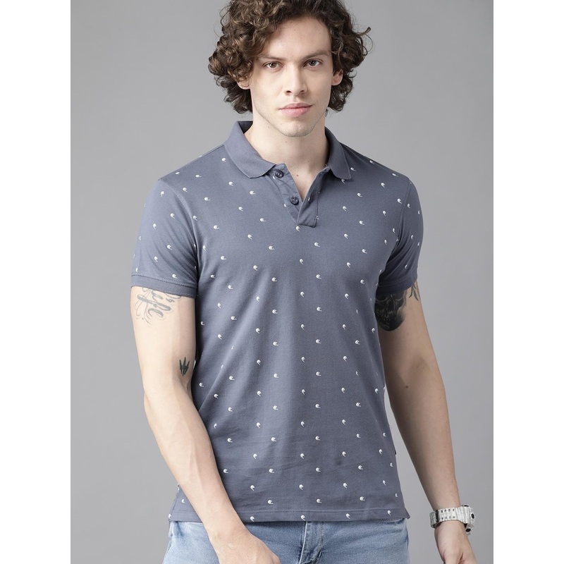 Roadster Men Grey & White Pure Cotton Printed Polo Collar T-shirt