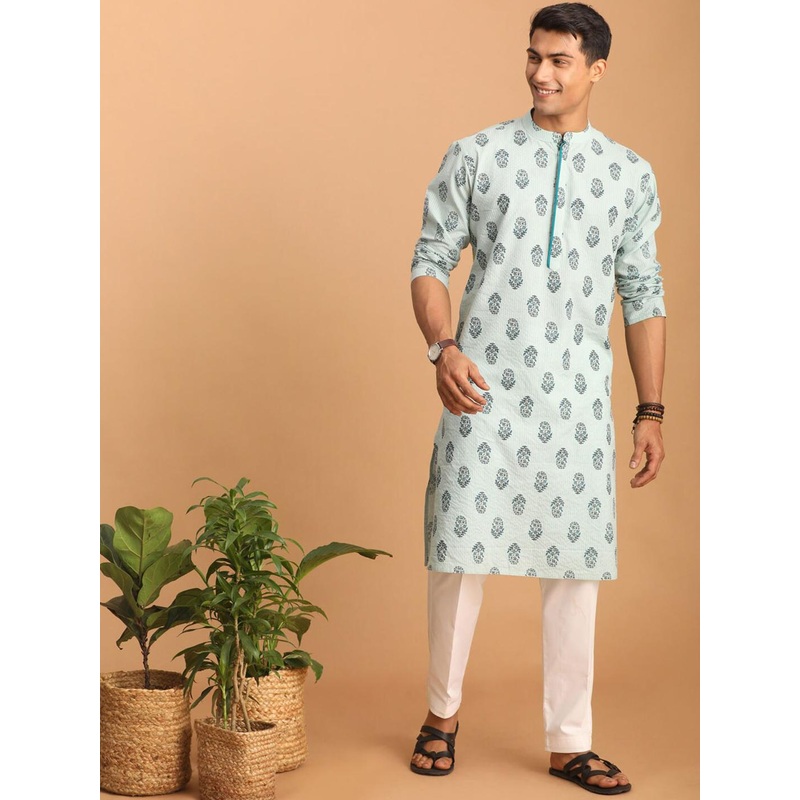 VASTRAMAY Men Ethnic Motifs Band Collar Thread Work Kurta