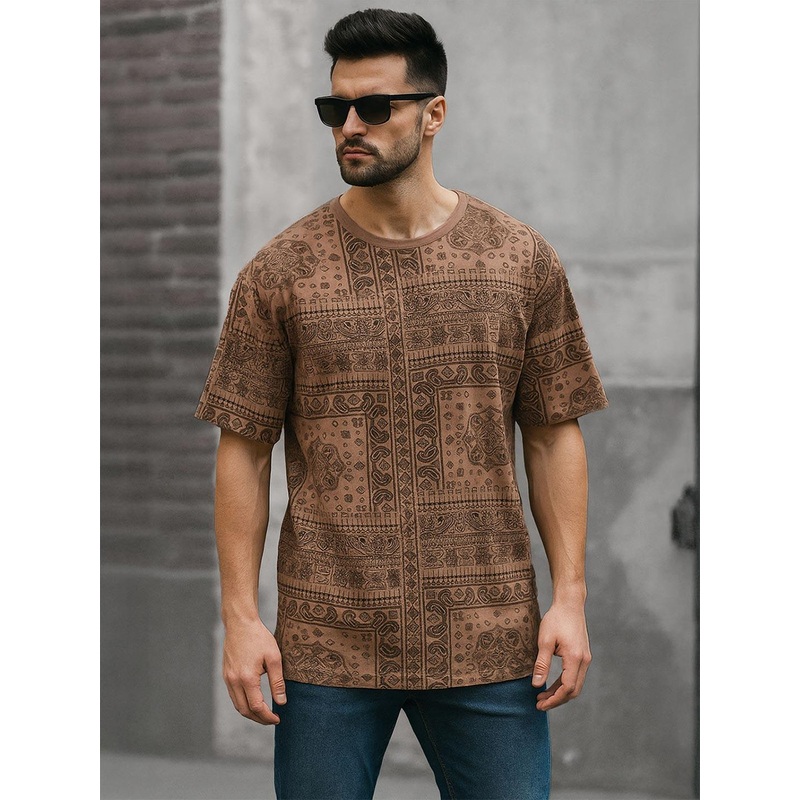 VEIRDO Men Beige All Over Paisly Printed Pure Cotton Oversized T-shirt