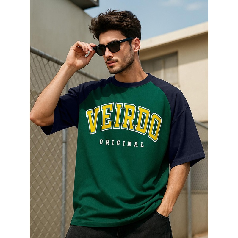 VEIRDO Men Typography Printed Round Neck Cotton Oversized T-shirt