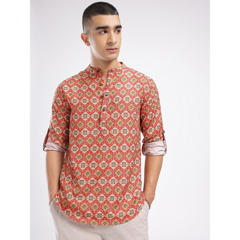 Anouk Rustic Band Collar Ethnic Motifs Printed Roll-Up Sleeves Kurta