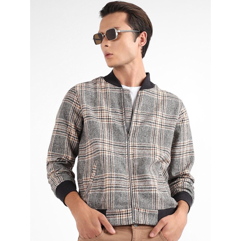 Campus Sutra Checked Mock Collar Windcheater Crop Cotton Bomber Jacket