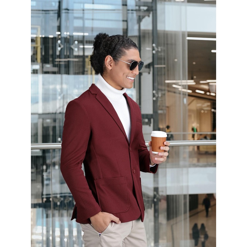 HERE&NOW Men Maroon Textured Regular Fit Single-Breasted Blazer