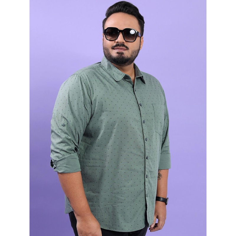 HIGHLANDER Plus Size Green Micro Ditsy Printed Spread Collar Cotton Casual Shirt