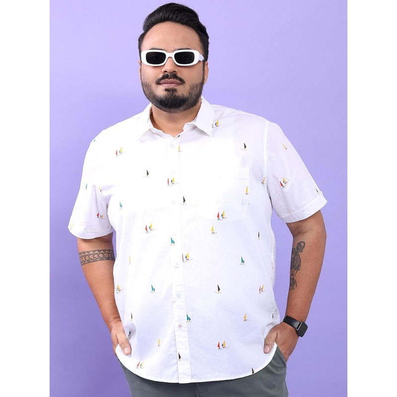 HIGHLANDER Plus Size White Conversational Printed Spread Collar Casual Shirt
