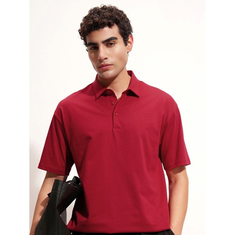 HIGHLANDER Polo Collar Drop-Shoulder Sleeves Relaxed Fit Cotton T-shirt