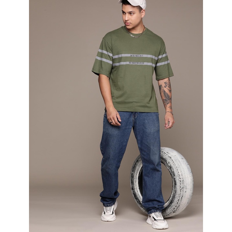 The Roadster Lifestyle Co. Striped Drop-Shoulder Sleeves Pure Cotton T-shirt