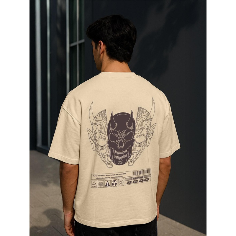 VEIRDO Men Cream Graphic Printed Round Neck Relaxed Fit Pure Cotton Oversized T-Shirt