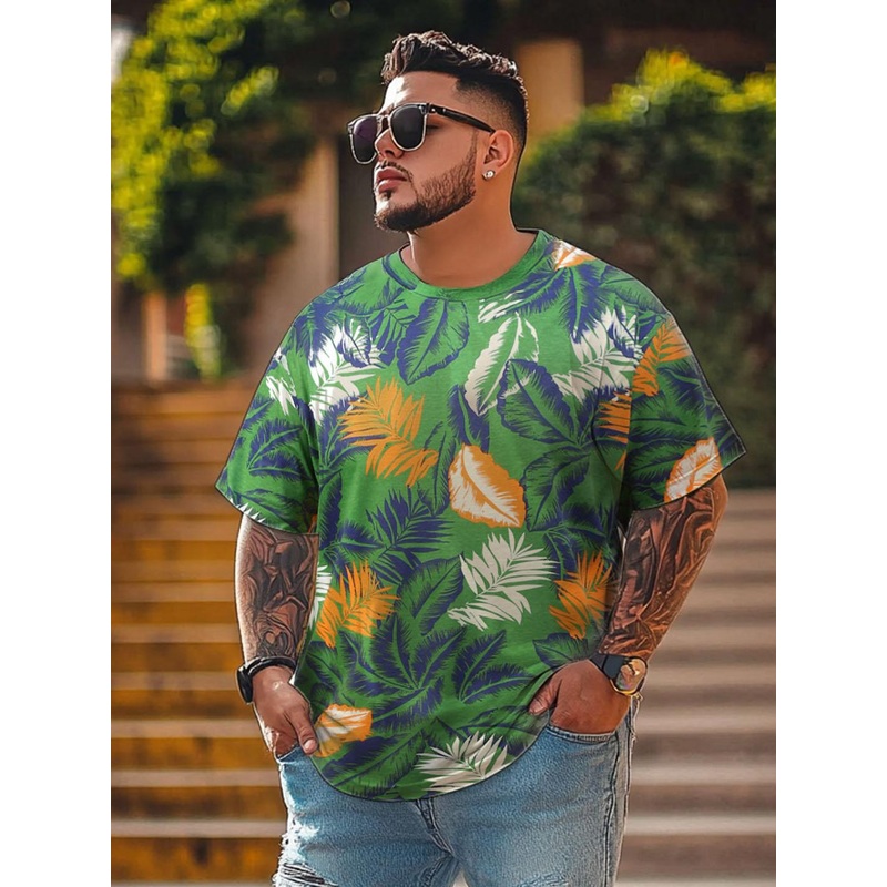 VEIRDO Men Plus Size All Over Printed Drop-Shoulder Sleeves Pure Cotton Oversized T-shirt