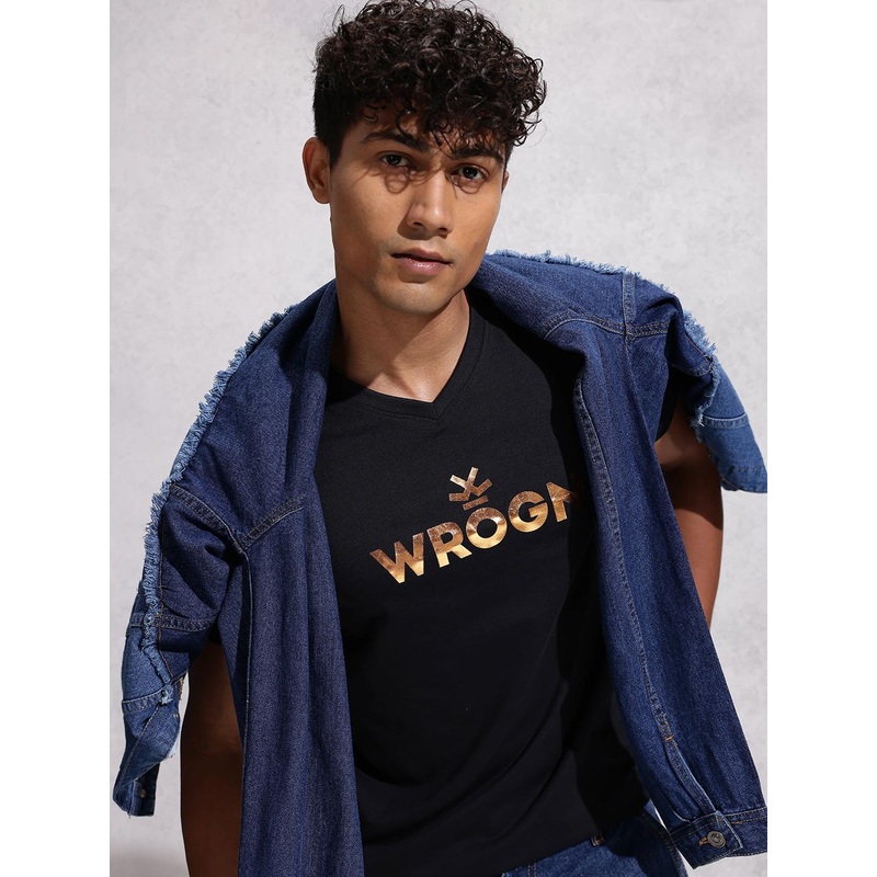 WROGN Brand Logo Printed V-Neck Pure Cotton Slim Fit T-shirt