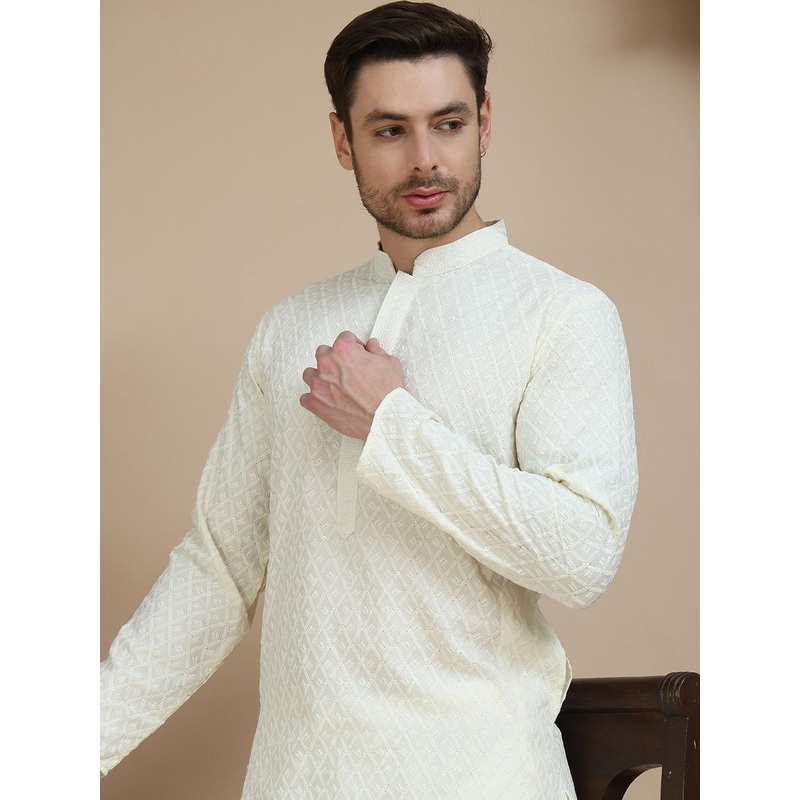 Anouk Men Embroidered Woven Design Mandarin Collar Knee Length Kurta