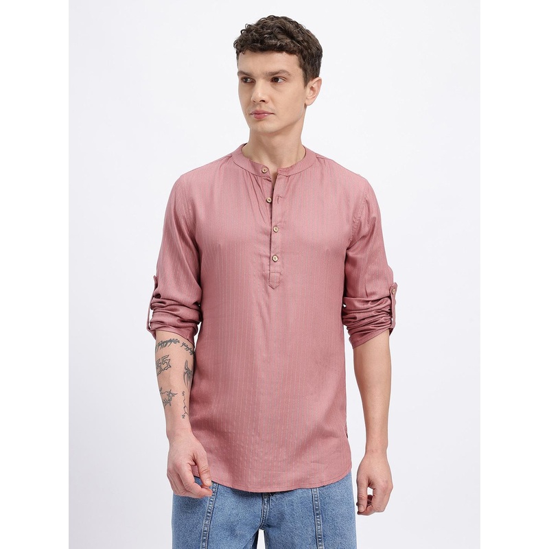 Anouk Rustic Striped Band Collar Roll-Up Sleeves Pure Cotton Kurta