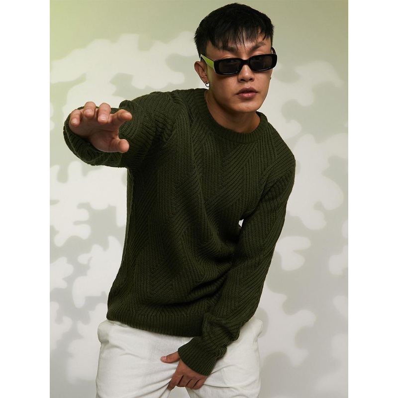 Campus Sutra Men Green Round neck Long Sleeve Cable Knit Woollen Pullover Sweaters