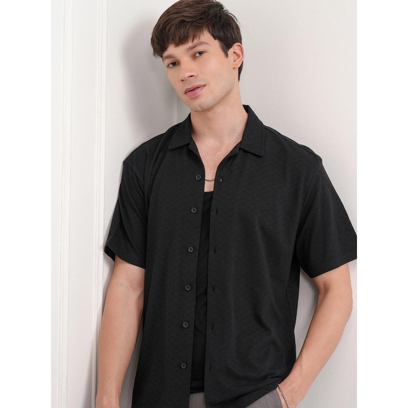 HIGHLANDER Men Cuban Collar Textured Cotton Casual Shirt