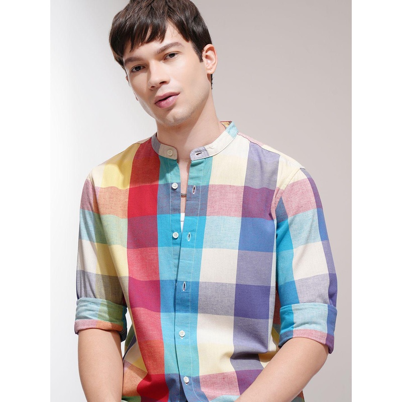 Highlander Men Muicolor Cotton Linen Checked Mandarin Collar Casual Shirt