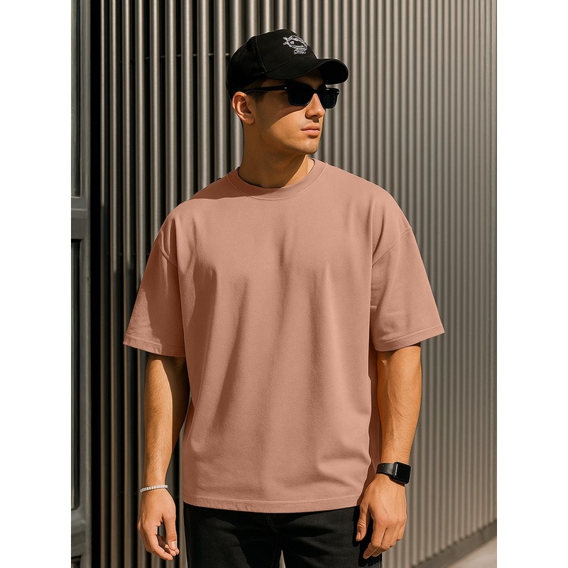 VEIRDO Brown Drop-Shoulder Sleeves Pure Cotton Oversized T-shirt