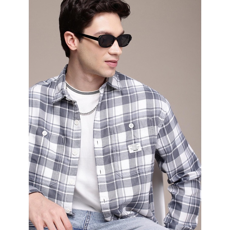 WROGN Opaque Textured & Checked Oversized Casual Shirt