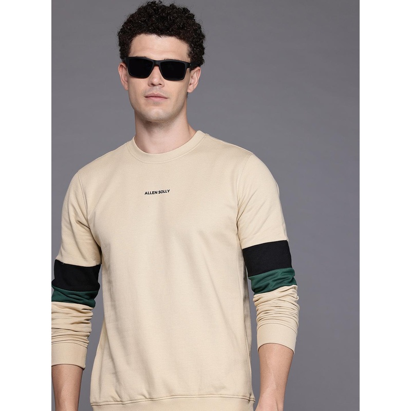 Allen Solly Brand Logo Printed Contrasting Striped Detail Sweatshirt with Inner Fleece