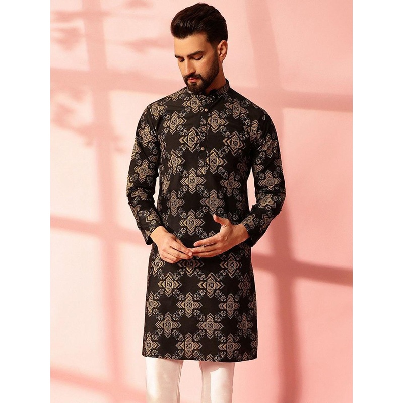 Anouk Geometric Printed Mandarin Collar Cotton Linen Straight Kurta