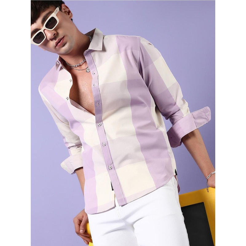 Campus Sutra White & Purple Buffalo Checks Casual Shirt