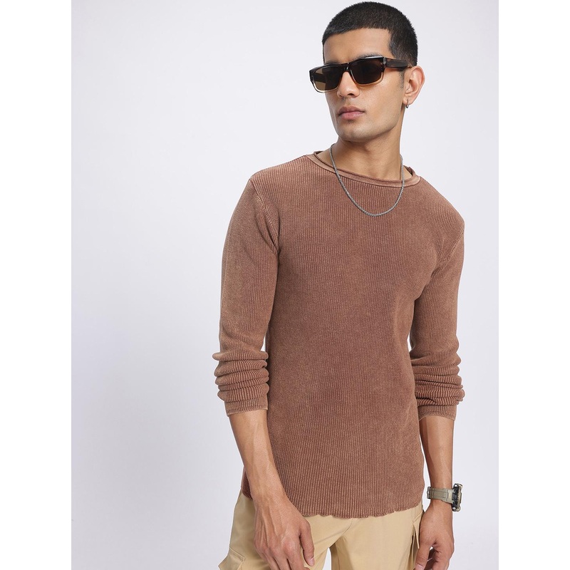 glitchez Casual Ribbed Round Neck Pullover