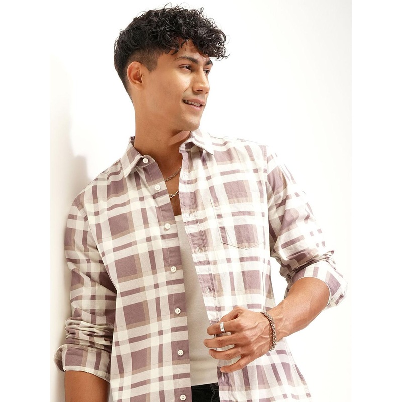 HIGHLANDER Checked Spread Collar Cotton Slim Fit Shirt